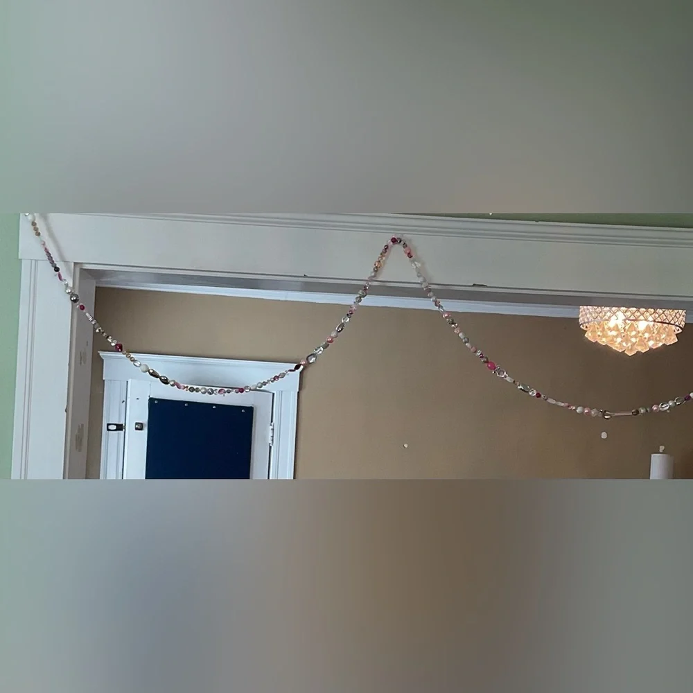 Garland, beaded- pink, gold, silver, crystal, clear. Over 8’
